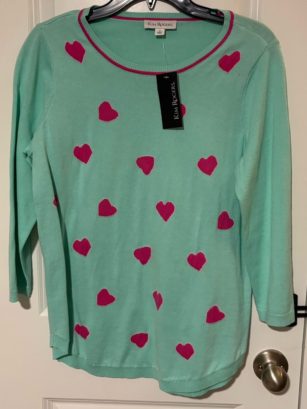 NWT Kim Rogers Aqua Pink Heart Sweater Size S